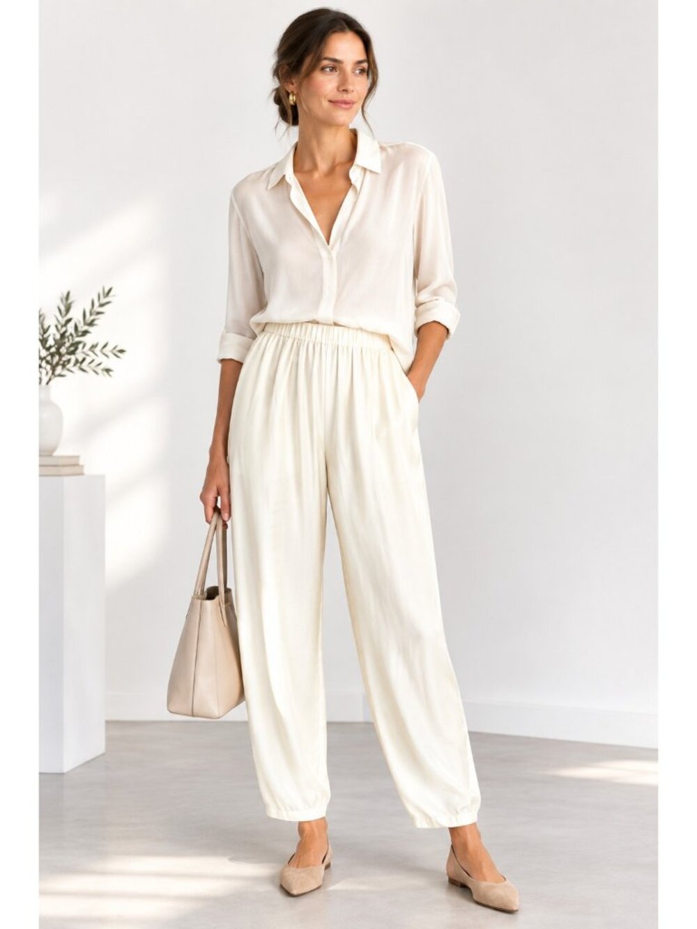 Eileen Fisher Women's Silk Pants Petite P L Cream Ivory Lantern Leg Lined Flowy